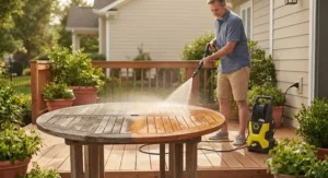 Illustration showing a light-duty electric pressure washer spraying down a wooden outdoor patio table.