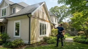 Washing upper corner facade using an extension wand for pressure washer for second-story cleaning