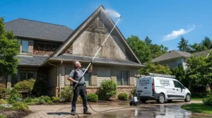 Reaching high gable areas with an extension wand for pressure washer for second-story cleaning