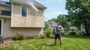 Homeowner using an extension wand for pressure washer for second-story cleaning on suburban vinyl siding