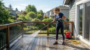 Operating an extension wand for pressure washer for second-story cleaning from an elevated deck