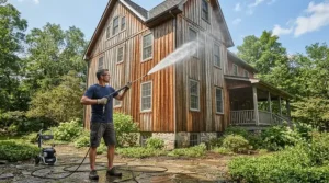 Safely washing painted wood siding with an extension wand for pressure washer for second-story cleaning