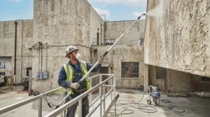 Cleaning high stucco walls using an extension wand for pressure washer for second-story cleaning