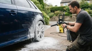 Using a foam cannon for car detailing pressure washers on wheels and lower rocker panels