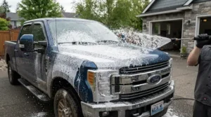 Adjustable fan pattern from a foam cannon for car detailing pressure washers covering a truck
