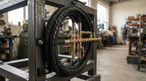 Gas-powered portable pressure washer for job sites showing organized high-pressure hose storage