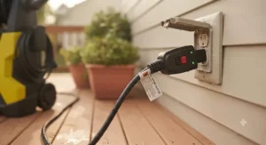 Illustration detailing the safety GFCI power plug of an electric pressure washer used for outdoor patio furniture cleaning.