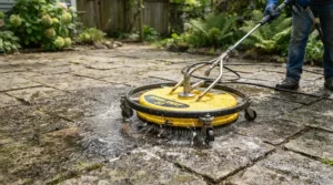 Using a 5000 PSI gas pressure washer for concrete cleaning on a backyard patio surface