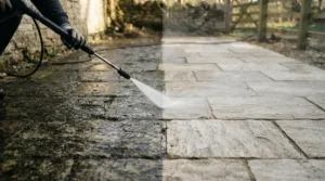 Before and after comparison using a heavy-duty electric pressure washer for concrete floors