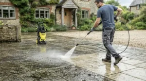 A heavy-duty electric pressure washer for concrete cleaning a stained suburban driveway
