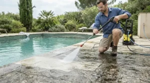 Refreshing a pool surround using a heavy-duty electric pressure washer for concrete