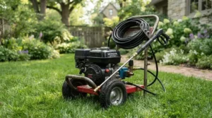 Setting up a heavy-duty electric pressure washer for concrete maintenance in a yard
