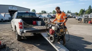 Heavy-duty portable gas pressure washer for job sites being loaded into a truck bed