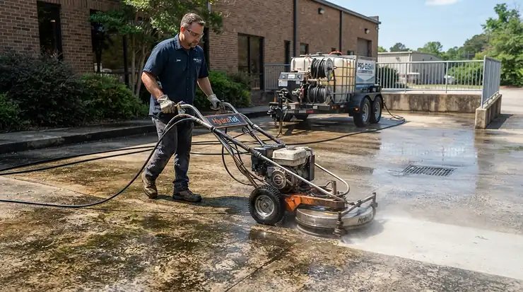 A high-flow gas pressure washer for large driveways blasting away embedded dirt from concrete.