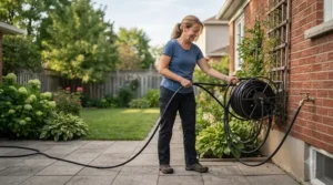 Coiling the heavy-duty hose of a high-flow gas pressure washer for large driveways after yard work.