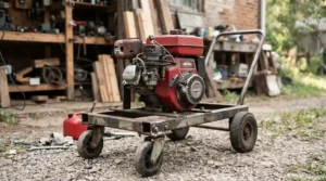 Close-up of a high-flow gas pressure washer for large driveways highlighting the engine and pump.