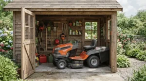 Storing a high-flow gas pressure washer for large driveways inside a backyard utility shed.