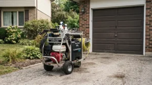 A high-flow gas pressure washer for large driveways positioned in front of a residential garage.