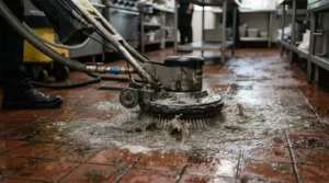 Using a hot water pressure washer for commercial kitchens to remove grease from restaurant tile floors.