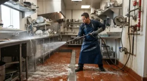 Deep cleaning the waste area using a hot water pressure washer for commercial kitchens for food-service hygiene.