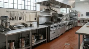 A pristine restaurant cooking line cleaned with a hot water pressure washer for commercial kitchens to meet health codes.