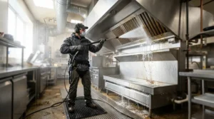 A technician using a hot water pressure washer for commercial kitchens to deep clean restaurant exhaust hoods.