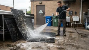 An employee operating a hot water pressure washer for commercial kitchens to wash rubber anti-fatigue mats outside.