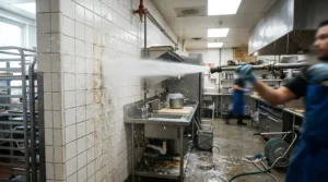 Washing ceramic wall tiles with a hot water pressure washer for commercial kitchens during nightly sanitation.