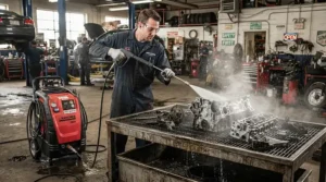 Using a hot water pressure washer for grease removal on automotive parts in an American repair shop.
