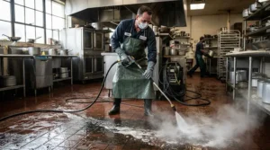 Commercial kitchen floor sanitization using a hot water pressure washer for grease removal.