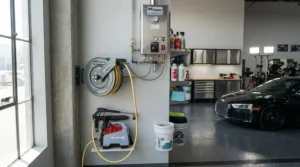 Auto detailing bay setup utilizing a hot water pressure washer for grease removal.