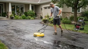 Clearing stubborn oil stains with a hot water pressure washer for grease removal on a driveway.