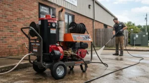A self-contained hot water pressure washer for grease removal featuring a large heated water tank.