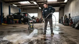 A technician using a hot water pressure washer for grease removal on a concrete workshop floor.