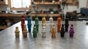 A set of quick-connect nozzles for a commercial gas pressure washer for contractors laid out on a tailgate.