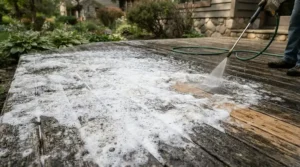 Applying detergent using a medium-duty electric pressure washer for decks.