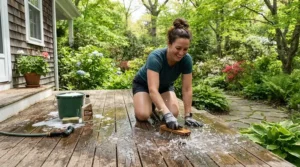 Using a medium-duty electric pressure washer for decks during spring home maintenance.