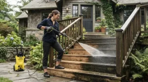 Washing wooden steps with a medium-duty electric pressure washer for decks.