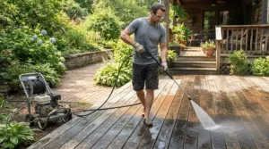 A homeowner using a medium-duty electric pressure washer for decks to clean wooden porch planks on a sunny afternoon.