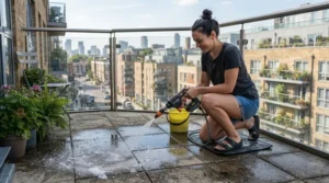 An apartment resident using a mini power washer for small cleaning jobs on a small concrete balcony.