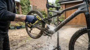 A cyclist using a mini power washer for small cleaning jobs on a muddy mountain bike in a suburban driveway.