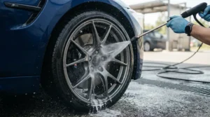 Rinsing brake dust off alloy rims with a mini power washer for small cleaning jobs in a home garage.