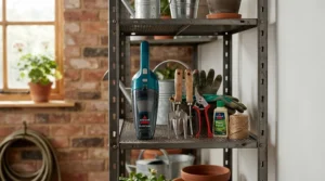 A compact mini power washer for small cleaning jobs stored neatly on a tight apartment garage shelf.