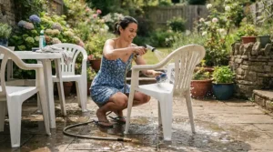Using a mini power washer for small cleaning jobs to quickly rinse dirt off plastic patio chairs.