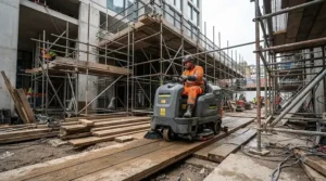 Mobile portable gas pressure washer for job sites positioned near active scaffolding setups
