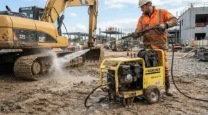 A portable gas pressure washer for job sites operating on muddy construction terrain