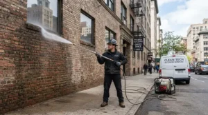 Washing building exteriors using a portable hot water pressure washer for contractors