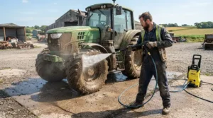 Cleaning heavy machinery with a portable hot water pressure washer for contractors on a farm