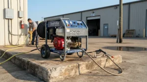 A portable hot water pressure washer for contractors set up on a busy construction jobsite