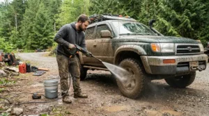 A portable pressure washer for camping spraying caked-on mud from an off-road utility vehicle.